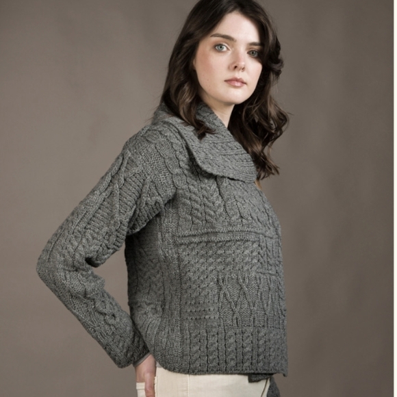 Aran mor Irish knit patchwork cardigan sweater small grey - Picture 4 of 16